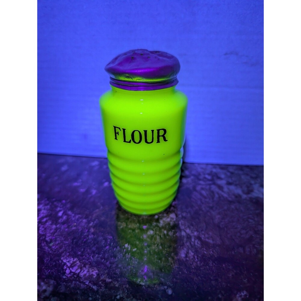 Jadeite Uranium Jeannette Ribbed Flour Shaker Glows